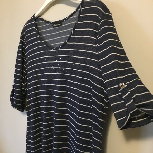 Canadian Rhinestone Collar Half Sleeve Distressed Rayon Striped Top - Picture 6 of 16